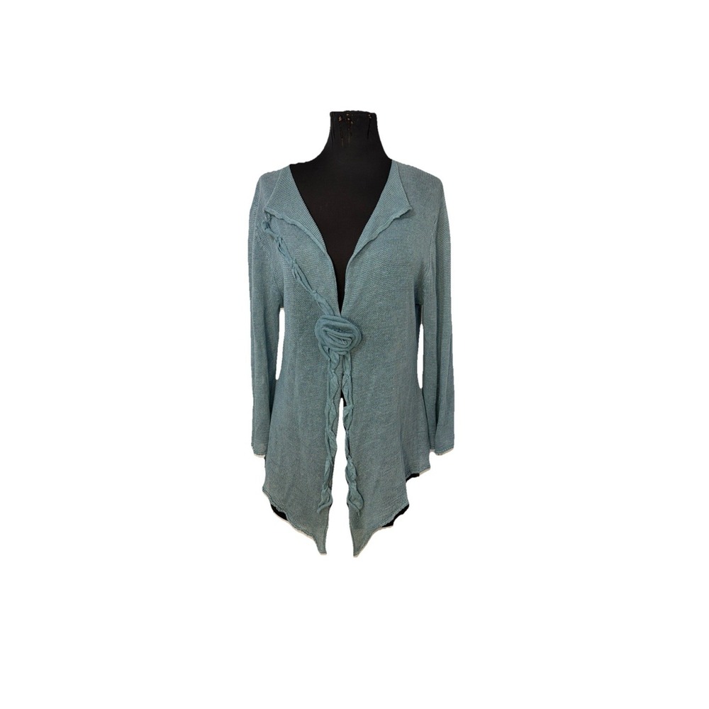 Carson Sweater Open Weave Cardigan Sz L Blue 100% Linen 3D Fairy Resort  Boho‎